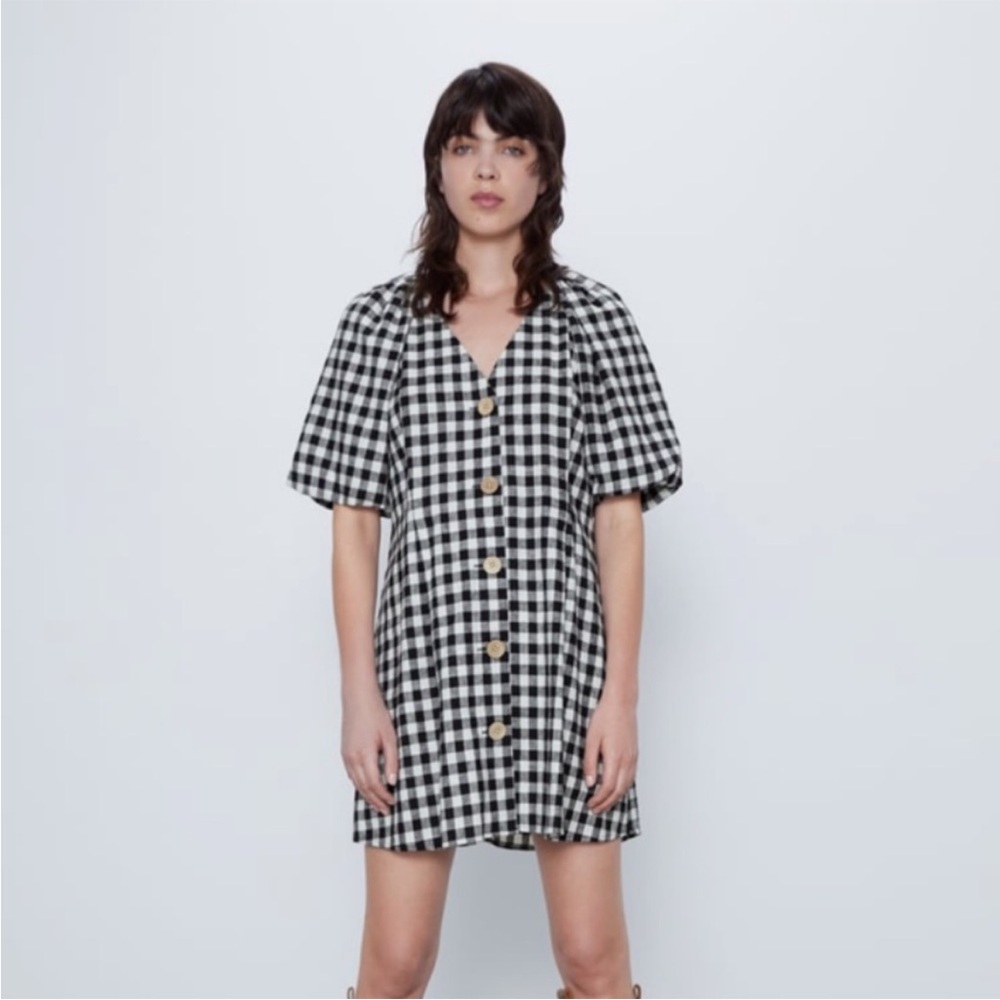 Zara Gingham Puff Sleeve Dress M